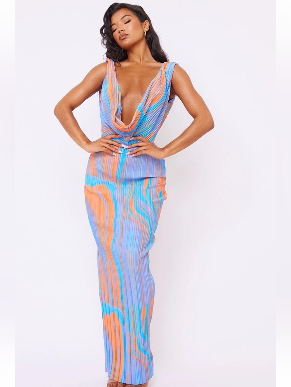NWT Prettylittlething Orange & Blue Cowl Neck Dress Size 2